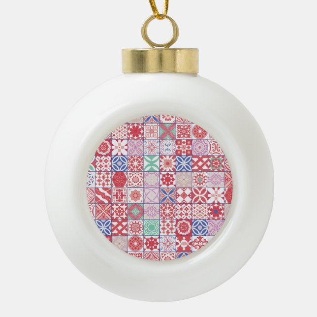 Red Moroccan tile Ceramic Ball Christmas Ornament (Front)
