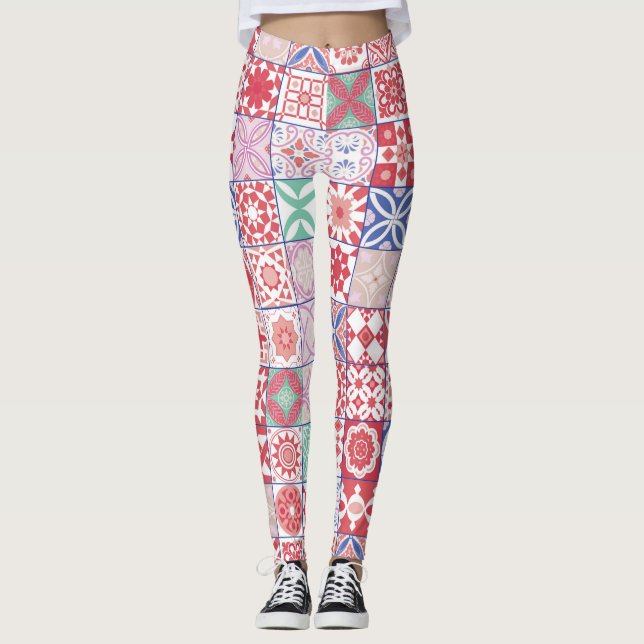 Red Moroccan tile Leggings (Front)