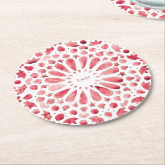 Red Moroccan Tiles Wedding Monogram Round Paper Coaster