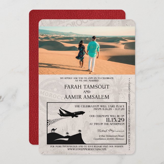 Red Morocco Passport Wedding Invitation (Front/Back)