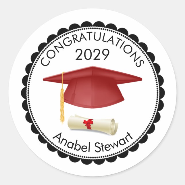 Red Mortar, diploma Your name Graduation Sticker (Front)