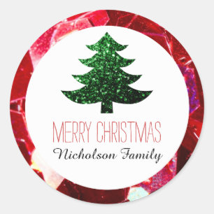 Red mosaic Green Christmas tree sparkles Gift Tag