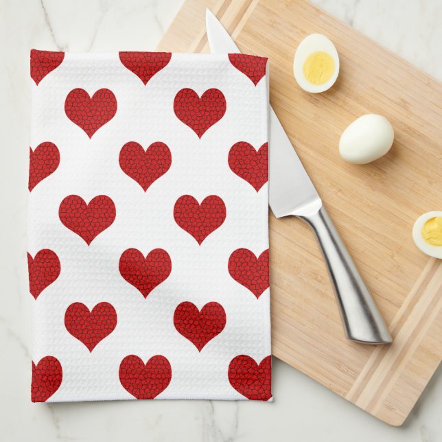 Red Mosaic Heart Pattern Tea Towel (Quarter Fold)