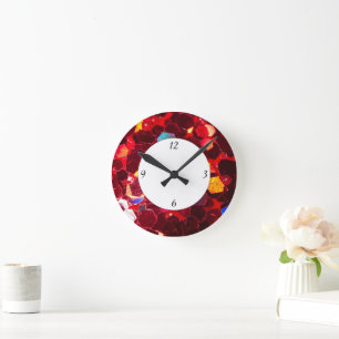 Red mosaic shiny glitter pattern with numbers round clock