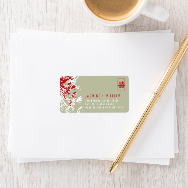 Red & Moss Bamboo Leaves Chinese Wedding Address L Label (Insitu)