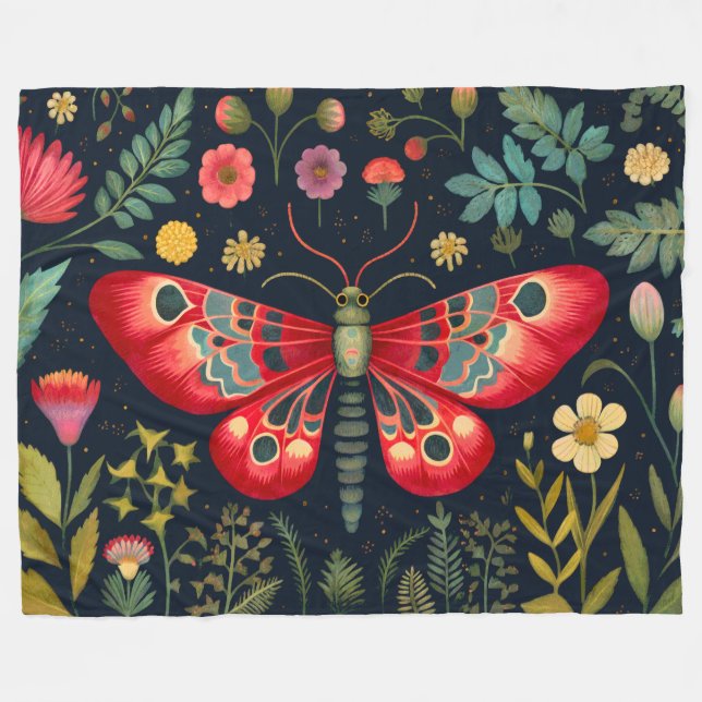 Red Moth In The Night Garden Fleece Blanket (Front (Horizontal))