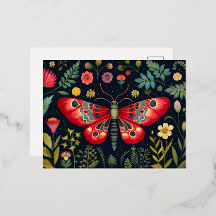 Red Moth In The Night Garden Foil Holiday Postcard