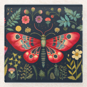 Red Moth In The Night Garden Glass Coaster