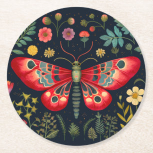 Red Moth In The Night Garden Round Paper Coaster