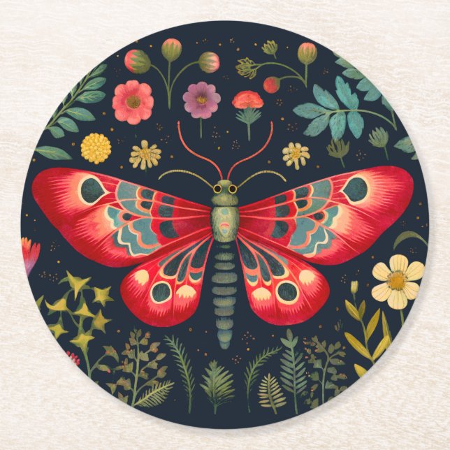 Red Moth In The Night Garden Round Paper Coaster (Front)
