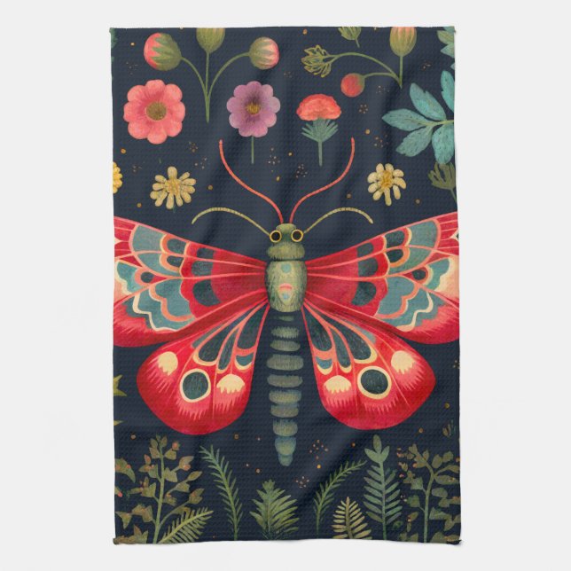 Red Moth In The Night Garden Tea Towel (Vertical)