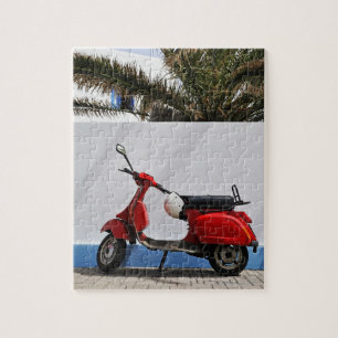 Red motor scooter by wall, Stromboli Island, Jigsaw Puzzle