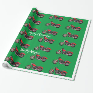 Red Motorcycles on Green Christmas Wrapping Paper