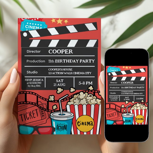 Red Movie Night Birthday Party For Boys Invitation (Creator Uploaded)