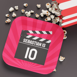 Red Movie Night Clapperboard Kids Birthday Party Paper Plate