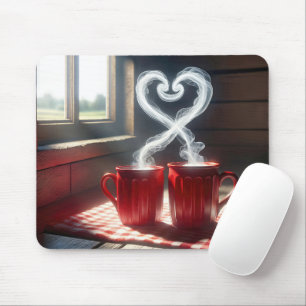 Red Mugs With Steamy Heart Connection Mouse Pad