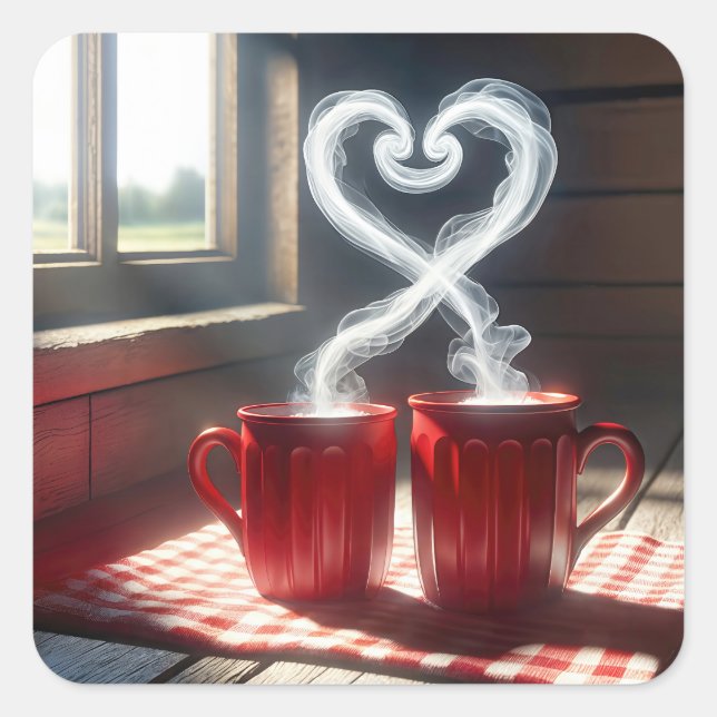 Red Mugs With Steamy Heart Connection Square Sticker (Front)