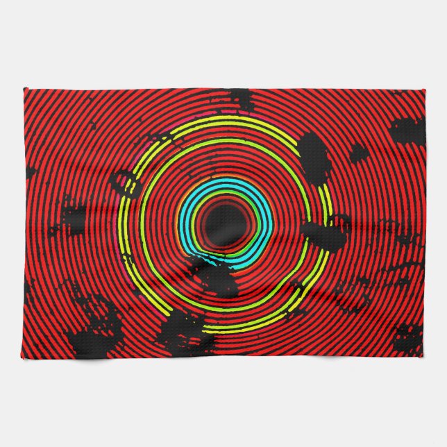 Red Multicolor Vinyl Disc Texture Pattern Tea Towel (Horizontal)