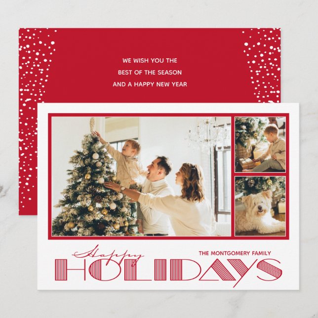 Red Multiple Photo Happy Holiday Card (Front/Back)