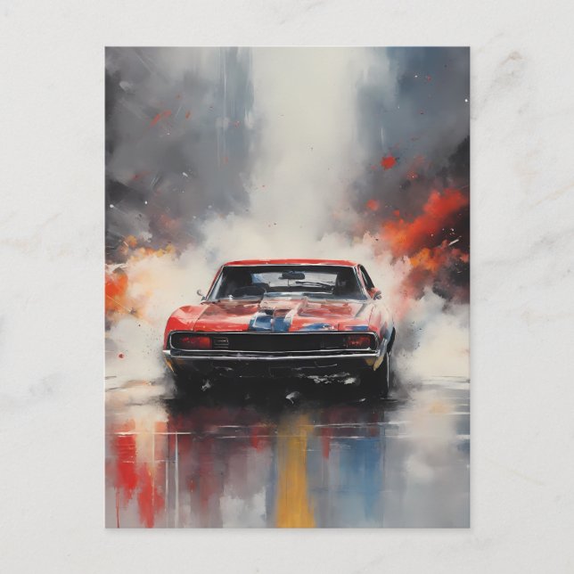 Red  Muscle Car head on Postcard (Front)