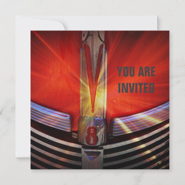 Red Muscle Car V8 Power and Chrome Invitation (Front)