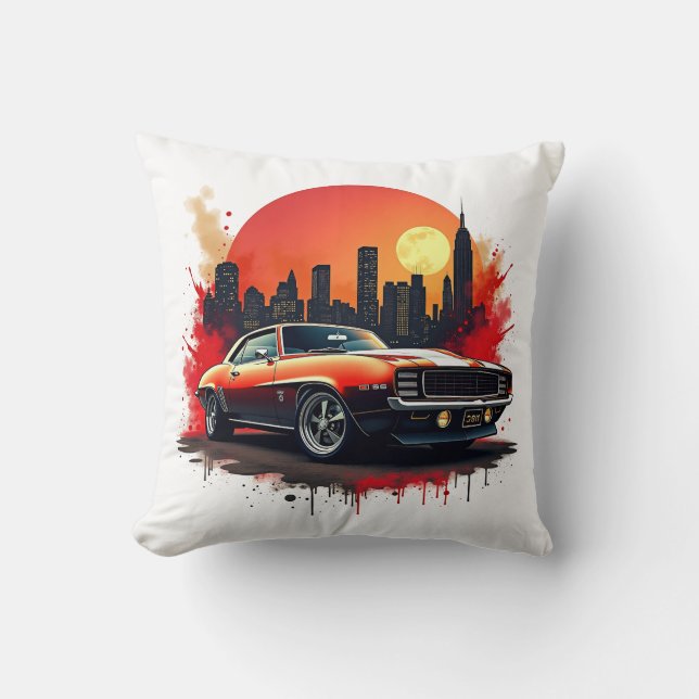 Red Muscle Car with Urban Skyline Accent Cushion (Front)