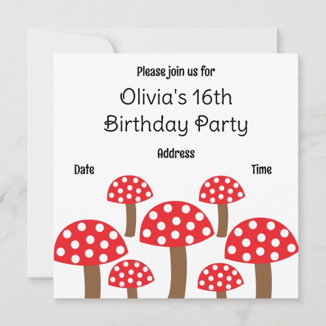 Red Mushroom Cute Botanical Pattern Birthday Party Invitation (Front)