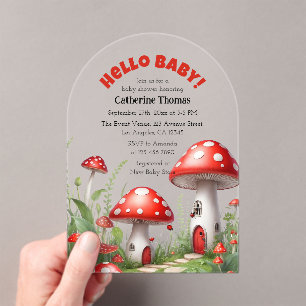 Red Mushroom Fungi Woodland Baby Shower Acrylic Invitations