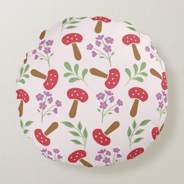 Red Mushroom Garden Round Pillow (Front)