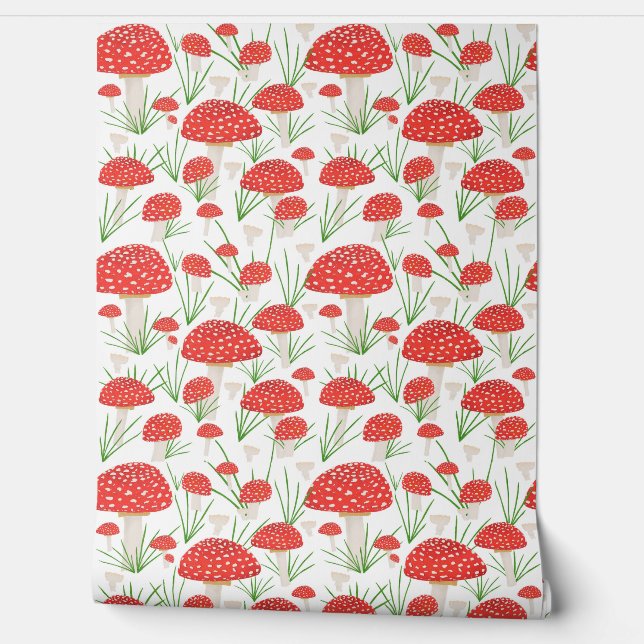 Red Mushroom Hand Drawn Pattern Wallpaper (Unrolling)