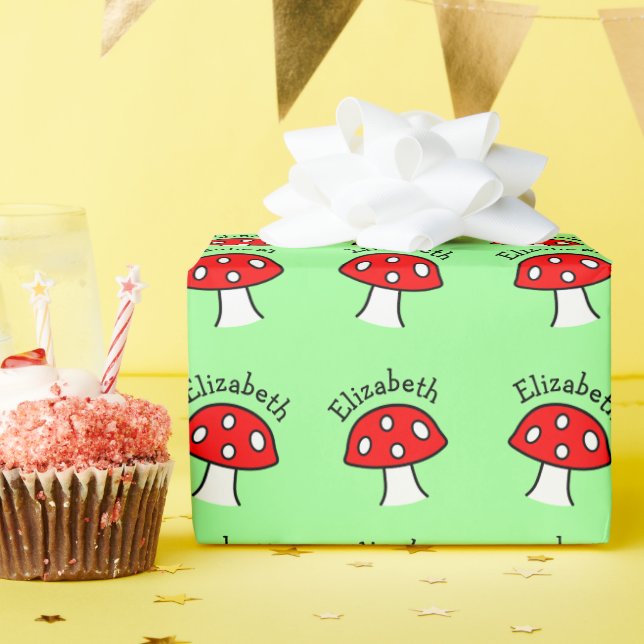 Red Mushroom Name Wrapping Paper (Birthday Party)