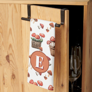 Red Mushrooms Pattern Monogram Initial Tea Towel
