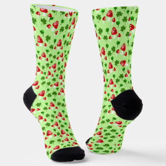 Red Mushrooms with Green Shamrocks 4 Leaf Clovers Socks