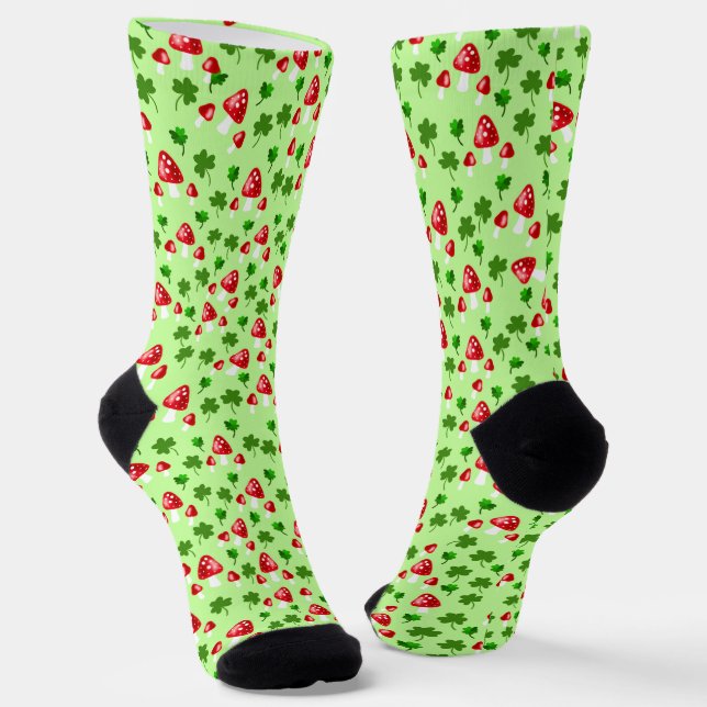 Red Mushrooms with Green Shamrocks 4 Leaf Clovers Socks (Angled)