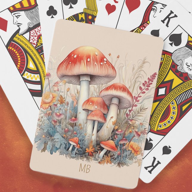 Red Mushrooms Woodland Toadstools Monogram Playing Cards (Red mushroom painting playing cards personalized with your monogram/initials or any text you choose)
