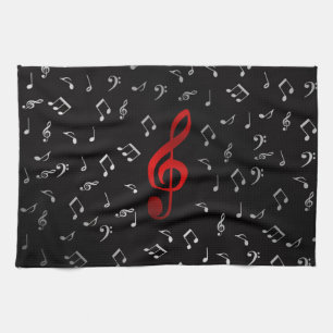 red music notes and silver black tea towel
