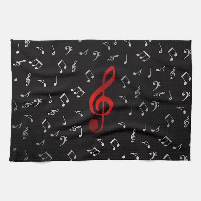 red music notes and silver black tea towel (Horizontal)