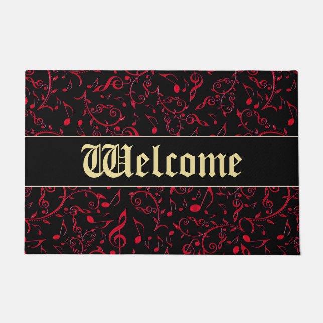 Red Music Notes Customisable Door Welcome Mat (Front)