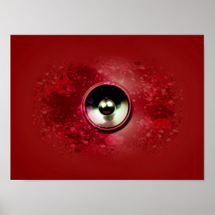 Red music speaker and splattered paint poster
