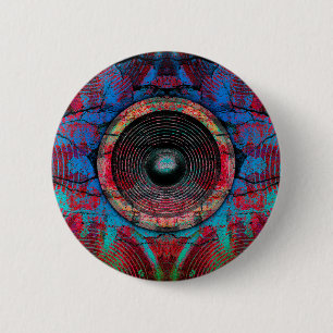 Red music speakers on a cracked wall 6 cm round badge