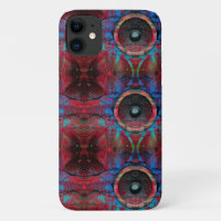 Red music speakers on a cracked wall pattern