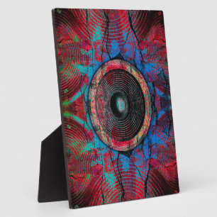 Red music speakers on a cracked wall plaque