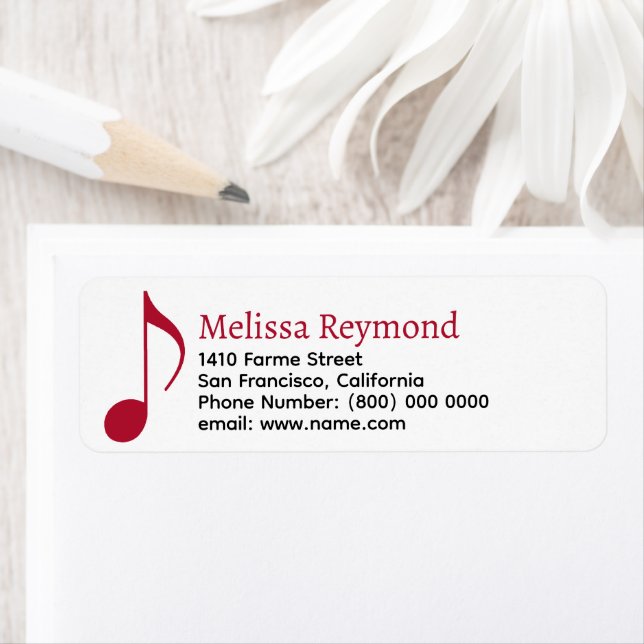 Red Musical Note & Musician Name  Return Address Label (Insitu)
