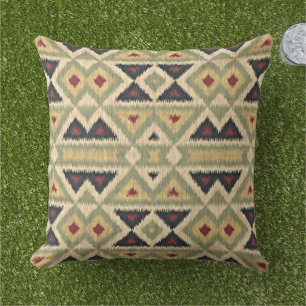 Red Mustard Yellow Olive Green Ikat Tribal Art Cushion