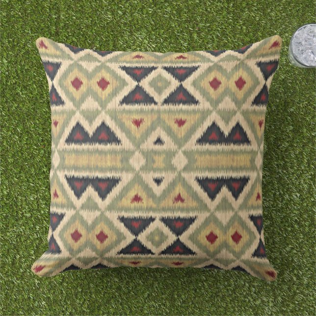Red Mustard Yellow Olive Green Ikat Tribal Art Cushion (Grass)