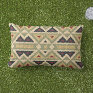 Red Mustard Yellow Olive Green Ikat Tribal Art Lumbar Cushion