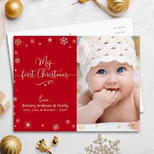 Red My First Christmas Baby Photo Snowflakes Gold Foil Holiday Postcard