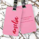 Red name bold script colourful pink luggage tag<br><div class="desc">Luggage tag featuring your name in bold,  red script on a pink background. All colours are customisable.</div>