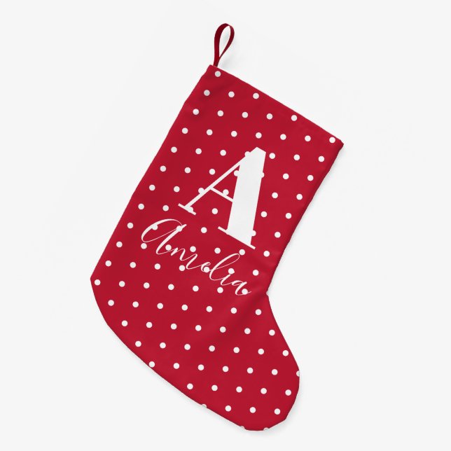 Red Name Monogram Polka Dots Double Sided Small Christmas Stocking (Front (Hanging))