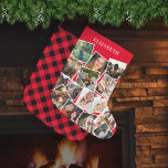 Red Name Photo Collage Large Christmas Stocking<br><div class="desc">Personalised christmas stocking featuring a traditional red background that can be changed to any colour,  a 15 photo collage for you to replace with your own pictures,  and the persons name. On the reverse is a traditional festive plaid tartan pattern.</div>